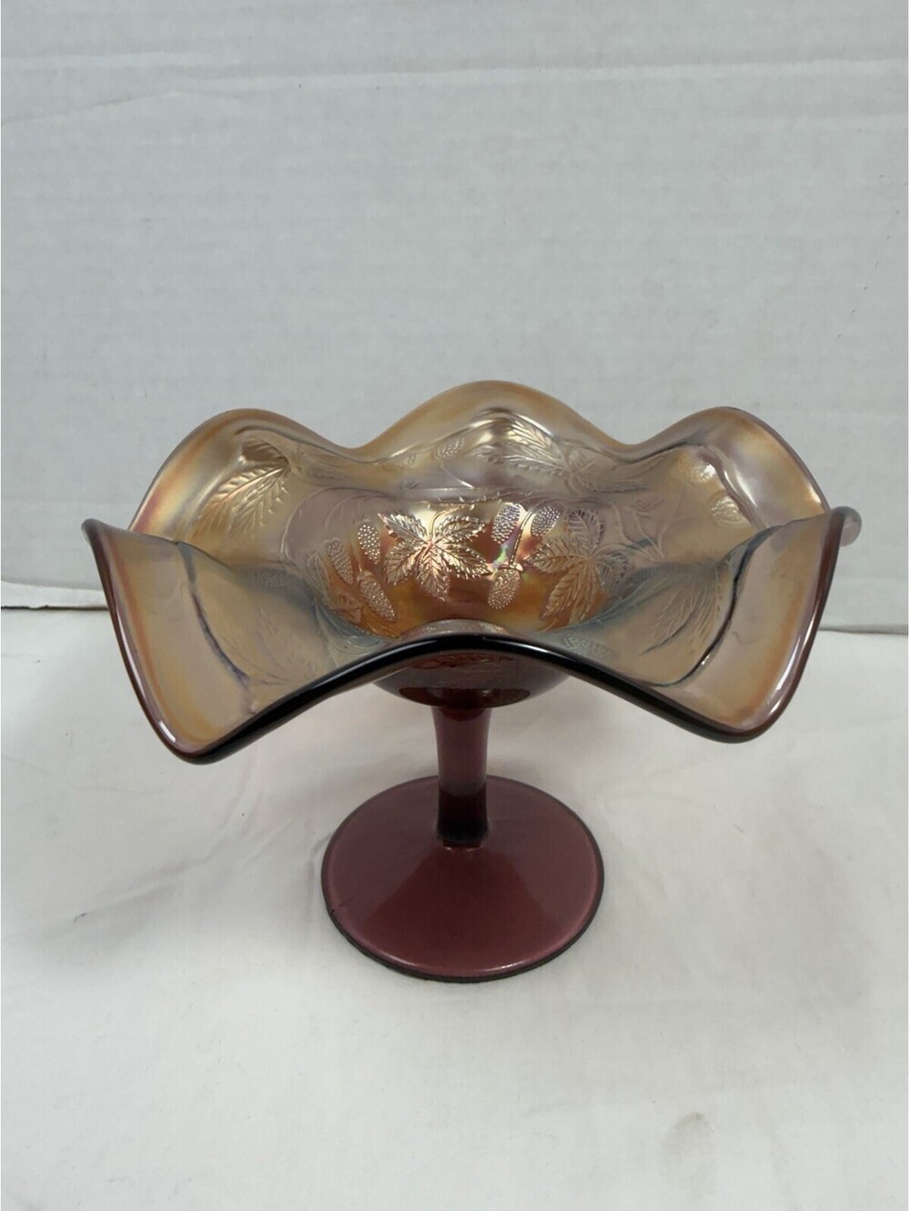 Antique Fenton Blackberry Bramble Amethyst Carnival Glass Ruffled Compote
